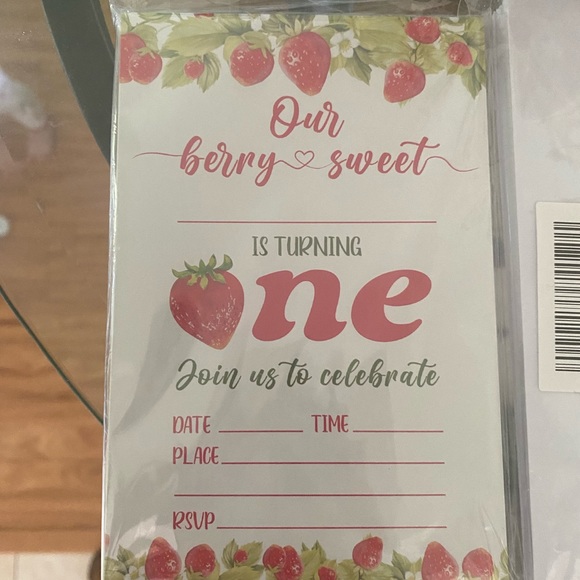 🌺 3/$15 Set of 20 Strawberry 1st Birthday Invitations - Picture 2 of 3